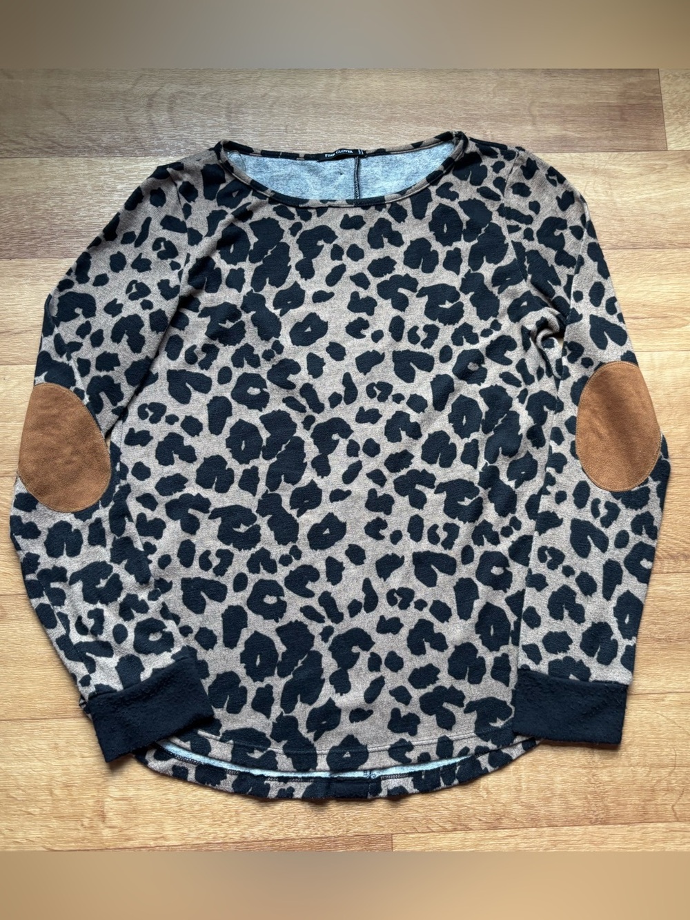 Pink Clover Brown Leopard Print Long Sleeve Top with Brown Elbow Patches - Picture 2 of 11